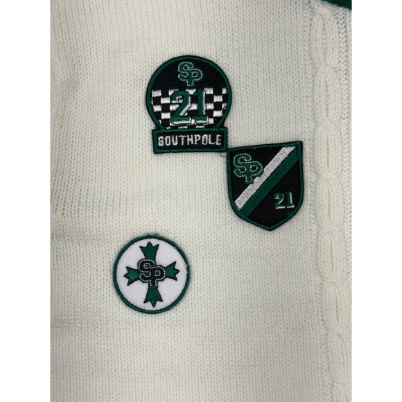 SouthPole VTG Mens White Green Athletic Crest‎ Patch Cable Knit Sweater Size L - Picture 8 of 11